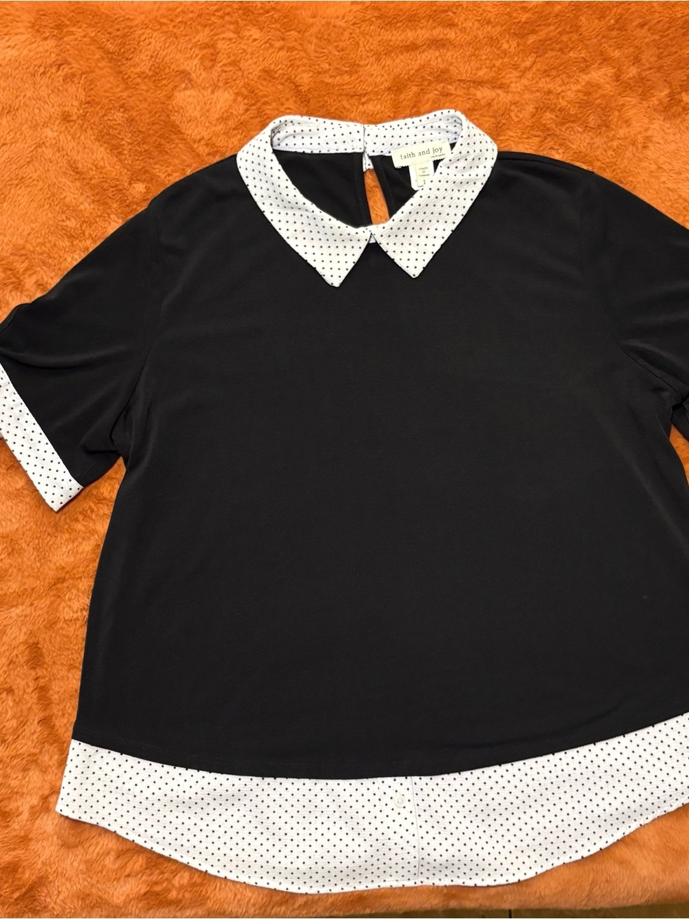 Faith and Joy Black Blouse with White Polka Dot Collar and Trim